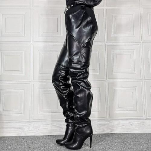 Plus Size 45 47 Crotch Shoes Women Black High Heels Thigh High Booties Wide Top Sexy Extreme Long Pleated Leather Boots