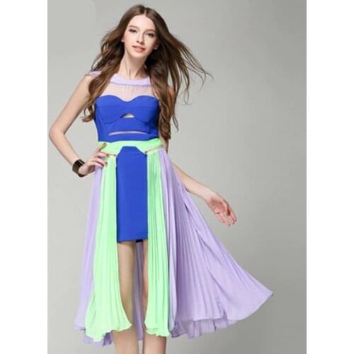 2020 Summer Patchwork Chiffon Dress High End Women backless O Neck Sleeveless Contrast Dress Ladies Hollow Out Sexy Party Dress