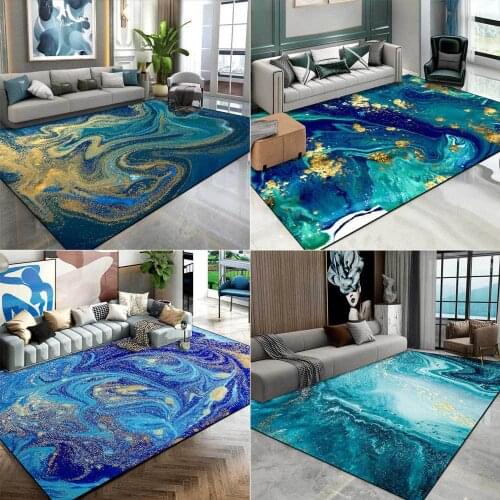 Nordic Luxury Abstract Living Room Area Rug Watercolor Blue Green Ocean Fluid Marble Gilt Golden Carpet Bedroom Bedside Non-Slip
