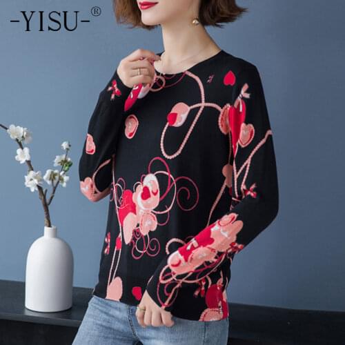 YISU Autumn Winter Sweater O-Neck Printing Winter tops Long sleeve Retro Knitted Pullover Casual Fashion Plus size Women Sweater