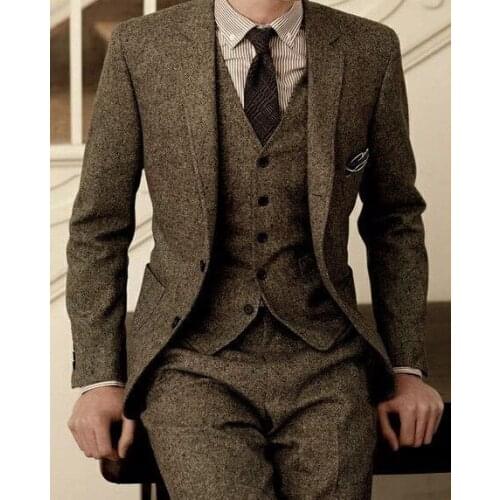 Winter Khaki Tweed Suits Vintage Men Suits for Wedding 3 Pieces Classic Groom Tuxedos Handsome Male Blazers Slim Fit Jacket