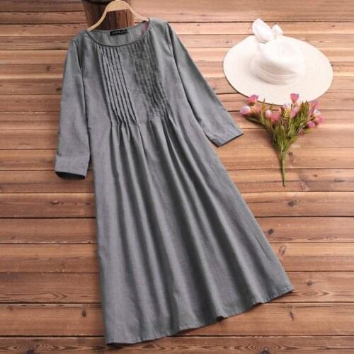 Vintage Pleated Midi Dress Womens Spring Sundress ZANZEA 2021 Casual Long Sleeve Vestidos Female Pleated Robe Femme Plus Size