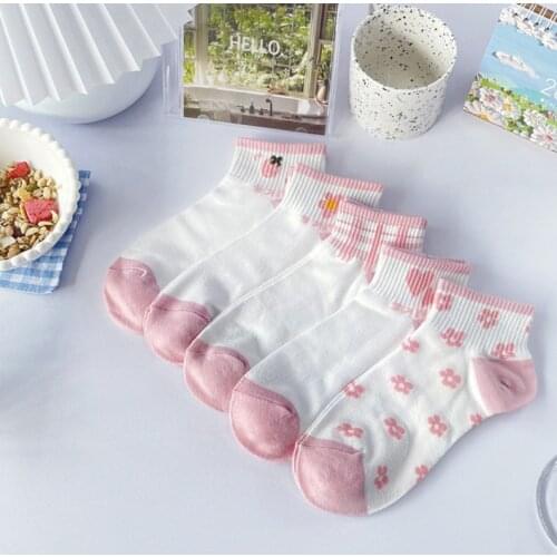 10 Pairs Women Pink White Cartoon Flower Strawberry Striped Plaid Harajuku Casual Ankle Sock Funny Short Socks 2021 New