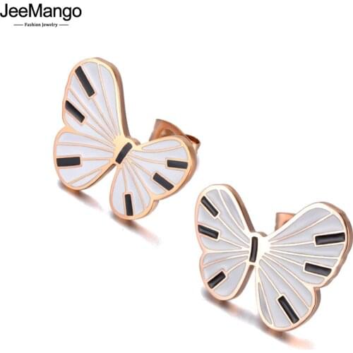 JeeMango Original Design Stainless Steel Drip Glaze Butterfly Animal Earrings Fashion CZ Crystal Party Jewelry For Women JE20175