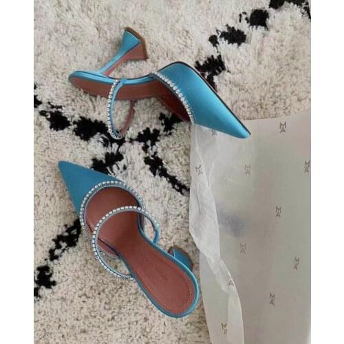 Half-drag Womens Shoes, Outer Wear Fashionable Sparkling Rhinestone Satin Wine Glass Heel Shoes, Baotou Slippers