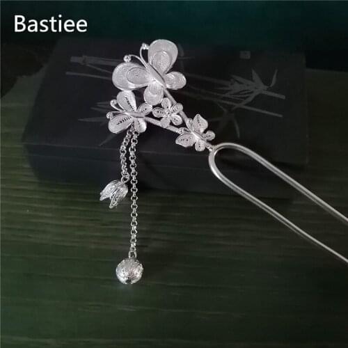Bastiee 999 Sterling Silver Hair Fork Accessories For Women Butterfly Hair Stick Dangle Ball Hmong Handmade Luxury Jewelry Gift