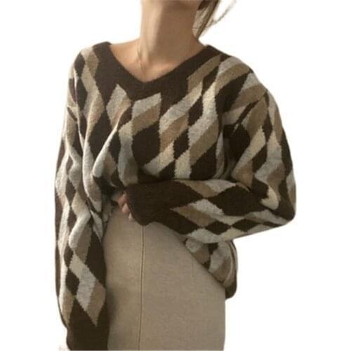 2020 Women' S Sweater Korean Style Chic Minimalist V-neck Stiching Color Argyle Long-sleeved Knitted Casual Pullovers Tops