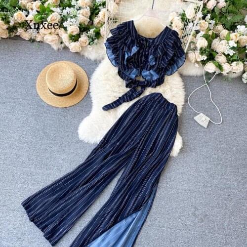 2021 New Boho Vintage Striped Two Piece Set Women Casual V-Neck Ruffle Short Tops High Waist Split Wide Leg Pants Female Suit