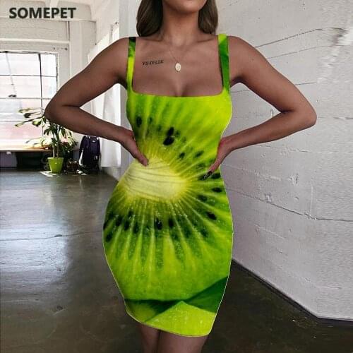 SOMEPET Kiwi Dress Women Fruit Bodycon Dress Green 3d Print Harajuku Ladies Dresses Womens Clothing Plus Size New Beach Femme