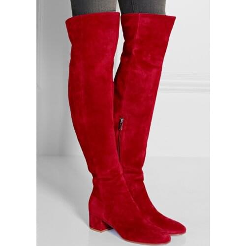 Real Pic Winter Red Suede Round Toe Over The Knee Boots Thick Heels Woman Fashion Tight High Boots Winter Long Boots