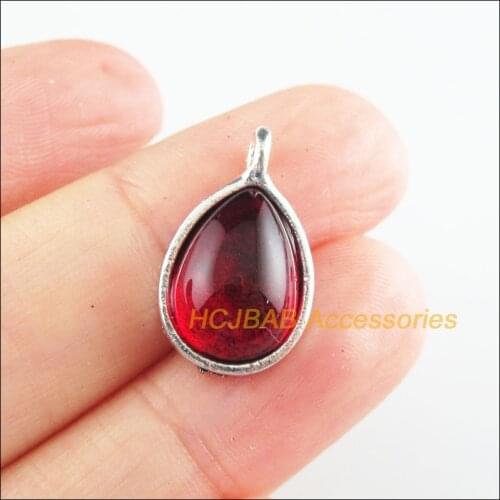10Pcs Tibetan Silver Tone Teardrop Red Glaze Charms Waterdrop Pendants 12x20.5mm