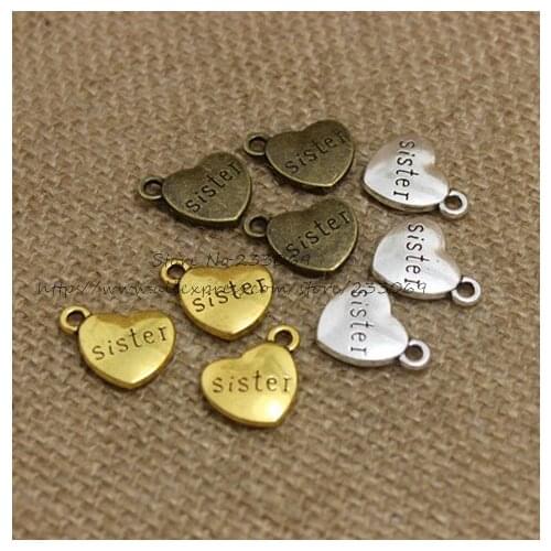 30 pieces/lot) 14*17mm Three color Alloy Heart Engraving letters sisters Charm Jewelry Findings T0327