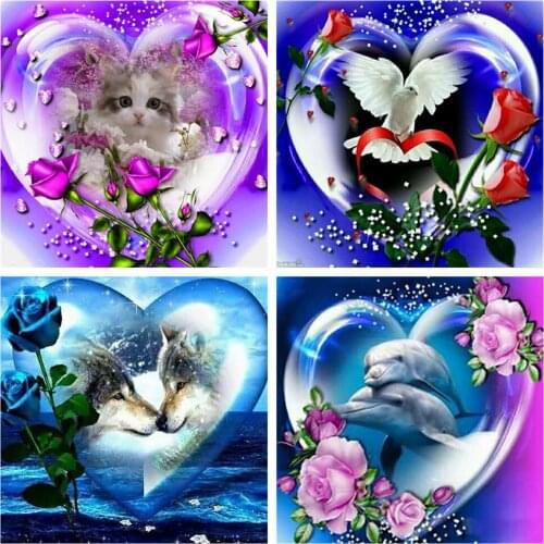 HUACAN Full Square/Round Diamond Painting Cat Mosaic Heart DIY 5D Diamond Embroidery Animal Dolphin Home Decor Craft Kit