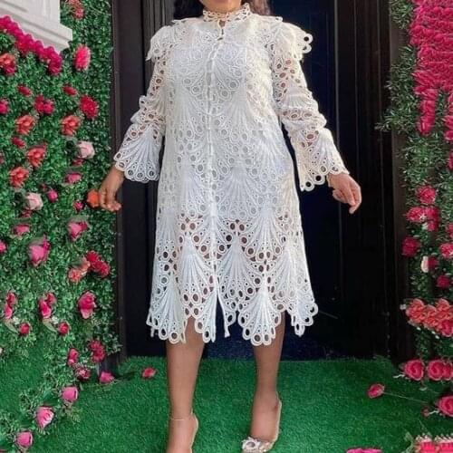 White xxl plus size dress women elegant hollow out a line female midi dresses african office lady work wear vestiods robe 2021
