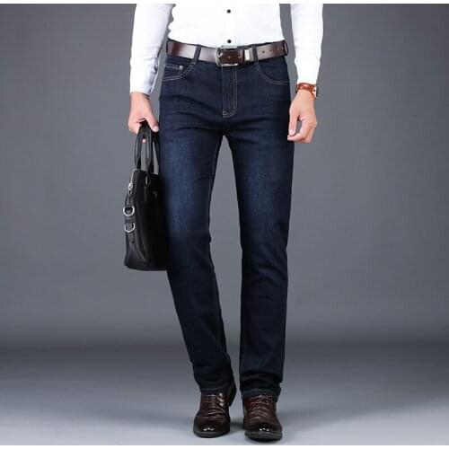 BROWON New Arrival Autumn Winter Business Men Jeans 2021 Loose Thick Soft Denim Pants Trousers Solid Color Work Jeans for Men