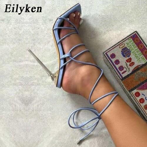 Eilyken Sexy Clear Crytal Perspex Heels Women Pumps Fashion Ankle Cross Strap Sandals Ladies Square Toe Party Dress Shoes Size41
