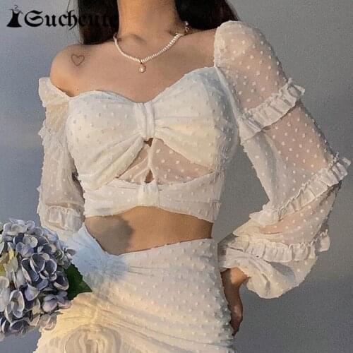 SUCHCUTE Women Sexy Chiffon Shirt Elegant V Neck Slim Crop Tops Vintage Transparent Puff Long Sleeve Chic Top Shirt Off Shoulder