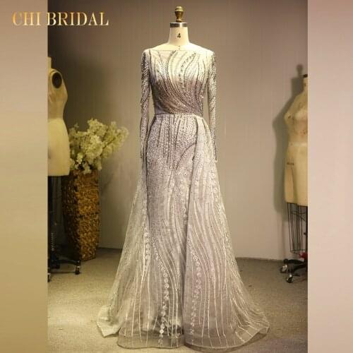 Elegant Boat Neck Evening Dress Light Gauze Long-Sleeved Tail Evening Dress Comfortable Fabric Real Model Picture
