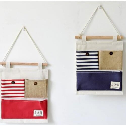 Linen Cotton 3 Pockets Wall Door Closet Hanging Storage Bag Organizer Bedroom Toiletry Hook Cloth Pouch Office Magazine Wardrobe