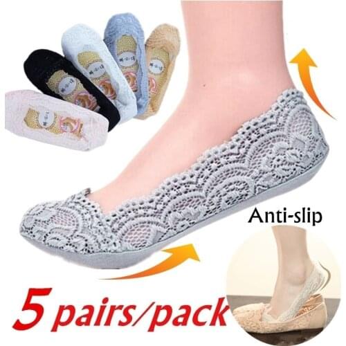 5pair/pack Women Girls Fashion Cotton Invisible Anti-slip Ankle Socks Lace Socks Women Invisible Socks No Show Socks Non-slip