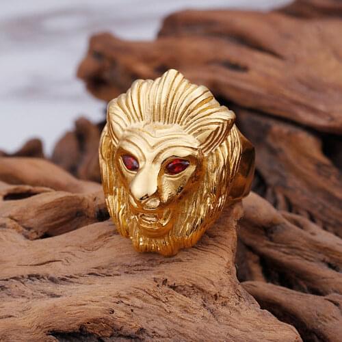 Animal Head Rings For Men Gold Color Stainless Steel Bague Red Crystal Eye Lion Men Rings Fashion Jewelry Accessories 2021