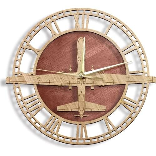 MQ-9 Reaper UAV Drone Wood Wall Clock Military Warplane Piloted Vehicles Wall Art Home Decor Silent Move Wall Watch Aviator Gift