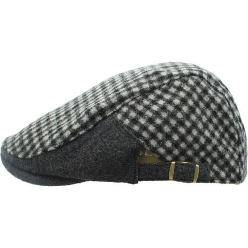 Outflly Wool Material Flat Cap Black and Grey Checkered Beret Mens Berets Hat
