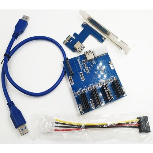 PCI-E to PCIe Riser Card Adapter 4-port PCI-Express 1X Slot Expansion Card with SATA 15pin & 4pin Power Supply + USB 3.0 Cable