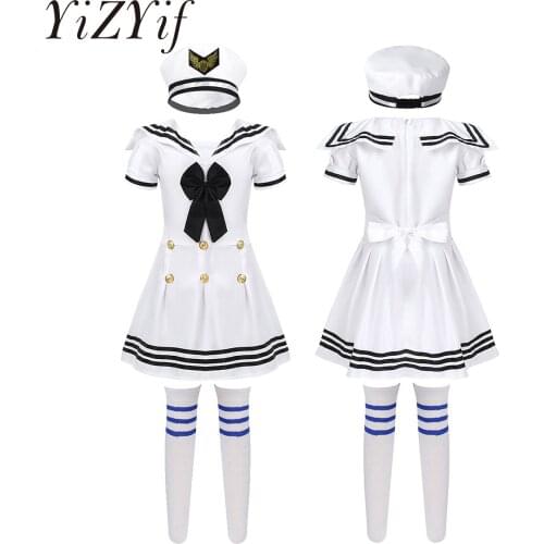 Baby Girls Nautical Sailor Dress with Hat Children Sailor Cosplay Costume Navy Outfit Suit Kids Girls School Dancewear Outfit