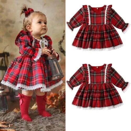 Newborn Girls Casual Plaid Dress Lace Edge Ruffles Tutu Party Dress, Princess Casual Dress Skin-Friendly And Comfortable 1-6Y