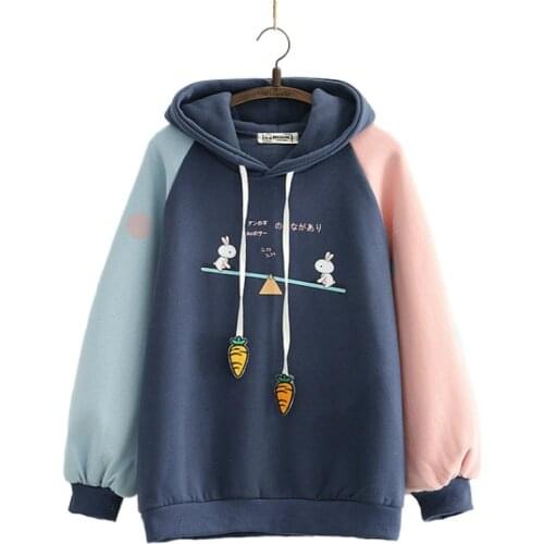 Harajuku Cartoon Print Patchwork Casual Hoodies Sweatshirt Women 2021 Winter Fleece Thick New Long Sleeve Sweet Style Pullover