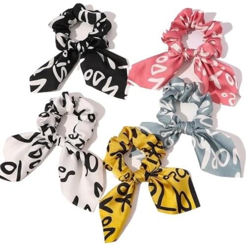 Chiffon Printing Letter Bow Ponytail Holder Rabbit Ear Scrunchies Women Hair Circle Headwear Lady Elastic Hairband Gum Wholesale