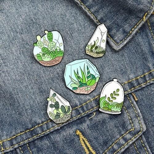 Glass fish tank plant enamel pin fresh green aquatic cactus pin punk fashion custom jewelry gift for plant research friends Hot