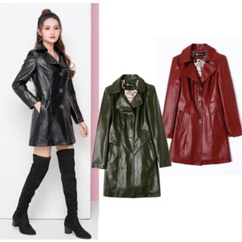 Hot Autumn New Women Long Leather Jacket Slim Plus Size Single-breasted Motorcycle PU Leather Long Jacket Coat Leather Trench