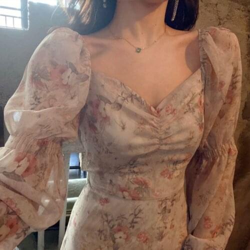 Bella Philosophy Cute Sweet Flare Sleeve Elegant Lady Floral Chiffon Dress Vintage Korea Long Sleeve Chic Pink Blue Maxi Dress