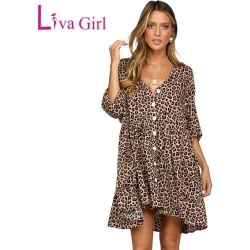 LIVA GIRL Boho Sexy V Neck Leopard Print Swing Dress with Pockets Women Summer Chic Loose Button Half Sleeves Cheetah Mini Dress