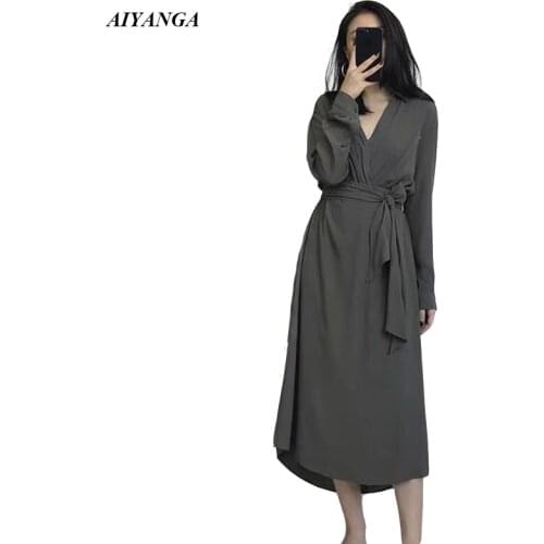 Elegant Vintage Dress Women Long Sleeve Dresses 2019 Spring Long Dress With Sashes V Neck Casual Fashion Dresses S M L XL