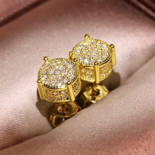 ZHOUYANG Unisex Stud Earrings For Women Men Hip Hop Style Full Zircon Yellow Gold Silver Color Party Gift Fashion Jewelry KBE227
