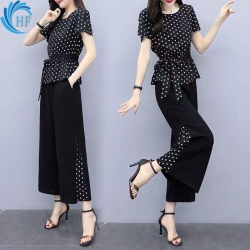 Wide-leg Pantsuit Summer Pant High Waist pant Casual Suit Polka Dot Pant Chiffon Top 2piece Suit Large Trousers Women Loose Pant