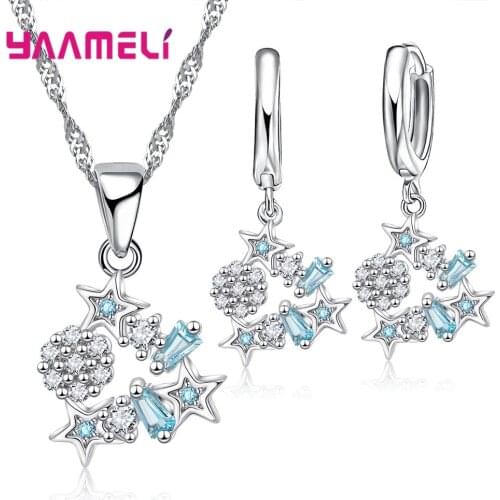 Lovely Gift for friendship Fine 925 Sterling Silver Austrian Crystal Stars Pendant Necklace Earrings Chain Wedding Jewelry Set