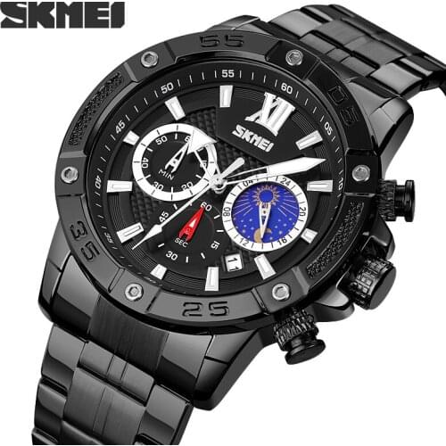 SKMEI Mens Watches Top Brand Luxury Casual Sports Stopwatch Date Moonphase Quartz Wristwatch Full Steel Clock Relogio Masculino
