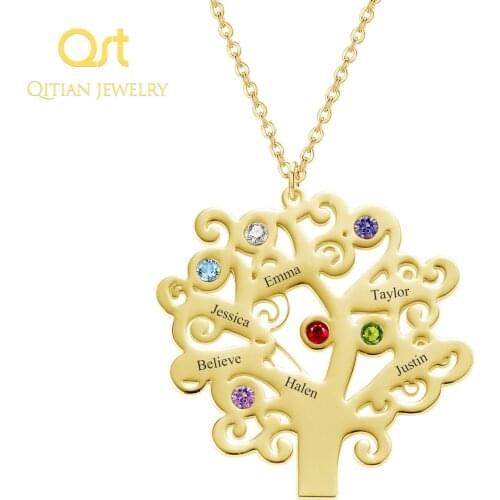 Filigree Family Tree Pendant Necklace with Birthstone Stainless Steel choker Custom engrave Made Any Name Christmas jewelry Gift