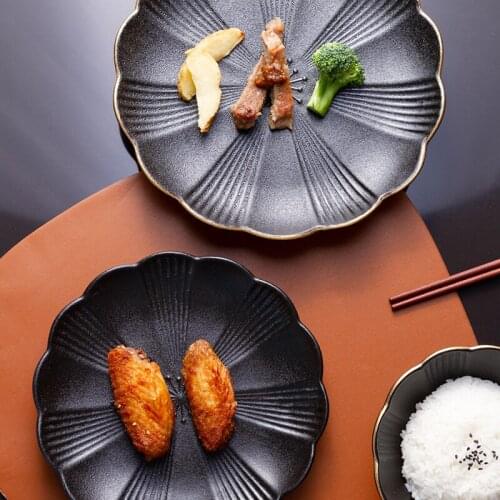 Japanese style creative frosted black gold rim petal ceramic plate household simple western dinner plate steak plate dinnerplate