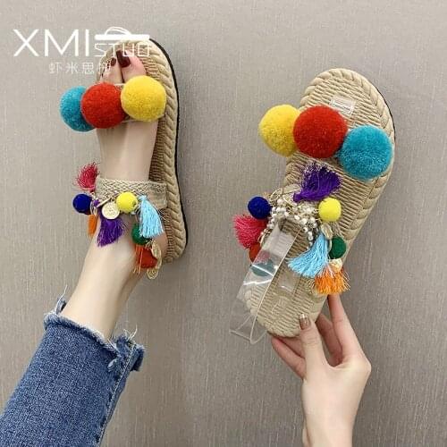 Summer vacation ethnic style beach shoes female slippers couple chain decoration sandals and slippers women wear a word drag