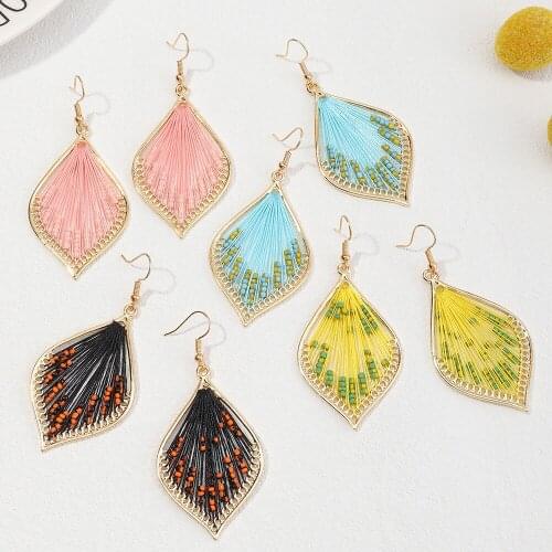 Fashion Ethnic Style Hand-made Leaf Shape Earrings For Women Creative Weaving Thread Bohemian Rice Beads Earring Jewelry Gift