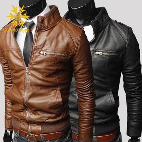 Spring Autumn Mens Fashion Faux Leather Coats Stand Black Brown Coffee New Slim fit Biker Jackets M-3XL Free shipping