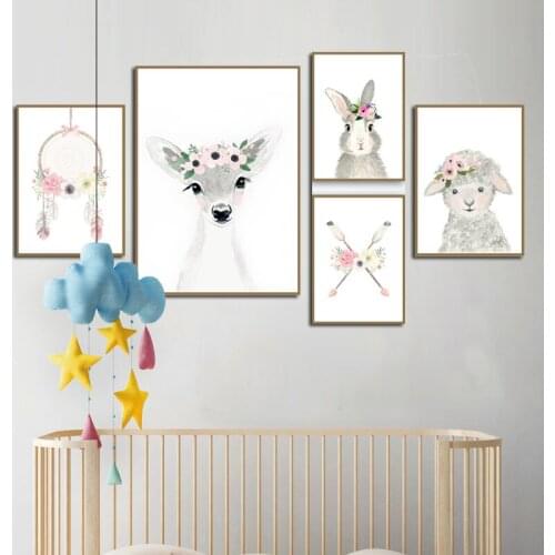 Nordic Deer Rabbit Sheep Flower Arrow Wall Canvas Painting Posters And Prints Cartoon Wall Pictures Boy Girl Kids Room Decor