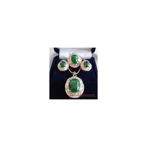 Latest design Wholesale wonderful nice natural noble big green gem pendant earring yellow gold rings 6-9 # +Chain Women
