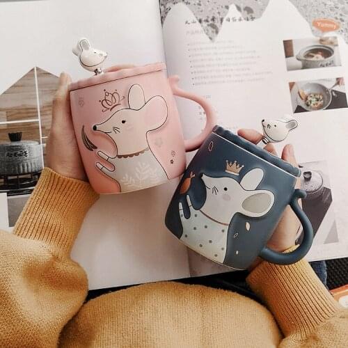 Couple cup a pair of ceramic water household trend super cute personality girl creative mug with lid spoon
