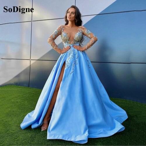 SoDigne 2021 Evening Dresses Long Sleeves Lace Appliques High Split Prom Gowns A Line Special Occasion Dress Custom Made